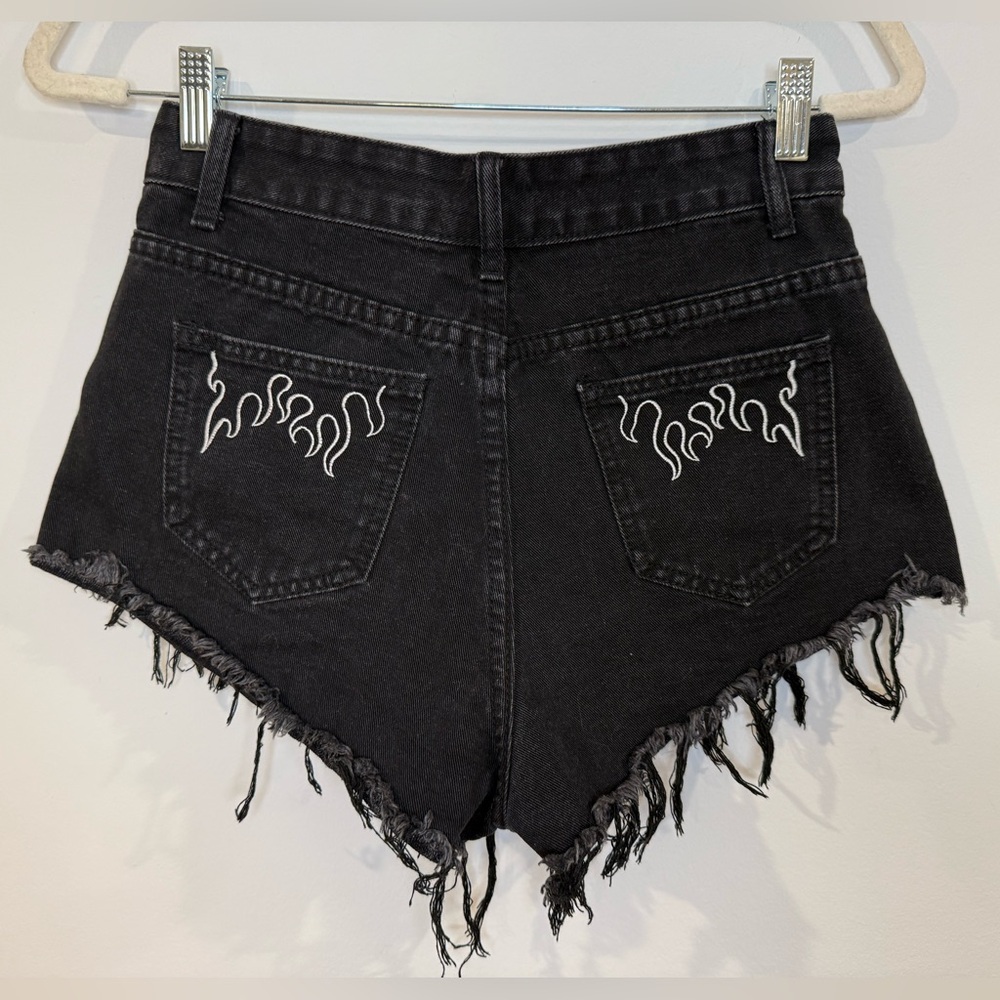 Black Frayed Denim Shorts with Embroidered Detail on Back Pocket
